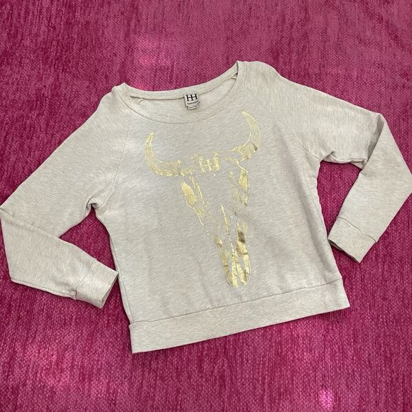 Haute Hippie Pullover Sweatshirt Longhorn Cow Skull Oatmeal Cream/Gold Size XS/S - Picture 2 of 9